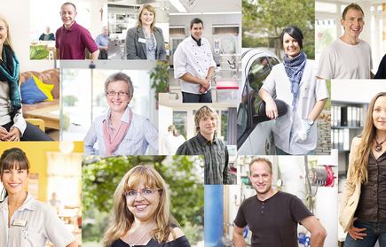 Collage mit Porträts vielfältiger lächelnder Erwachsener in Arbeits- und Alltagssituationen