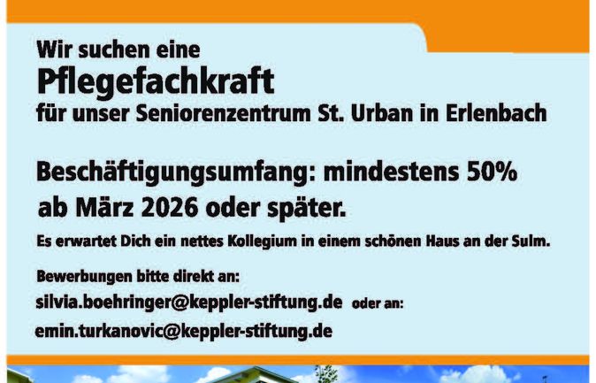 Stellenanzeige Pflegefachkraft für Seniorenzentrum St. Urban in Erlenbach